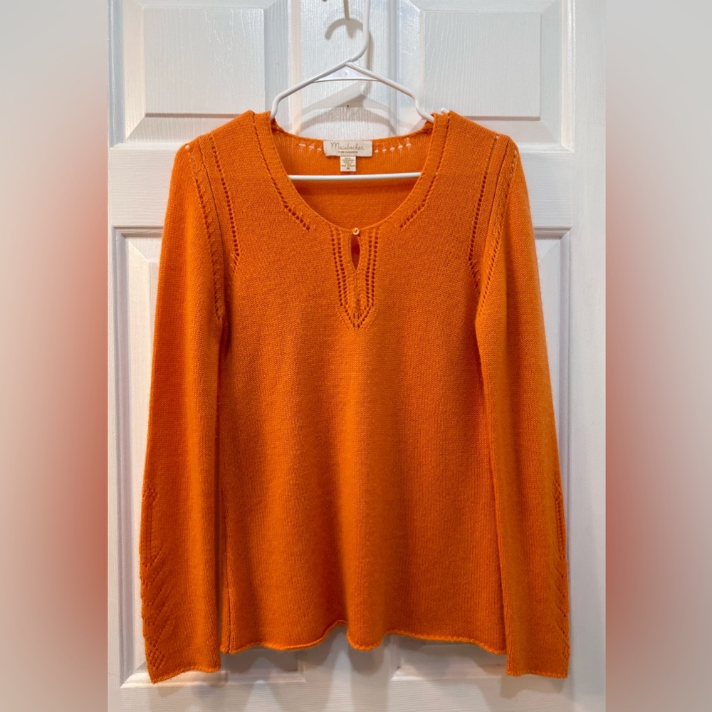 Mainbocher 100% Pure Cashmere Sweater Womens Sz M Pointelle Orange Quiet Luxury